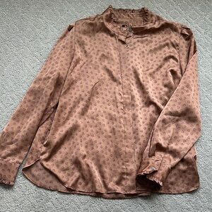 Ann Taylor Tan Blouse with Pink Heart Pattern